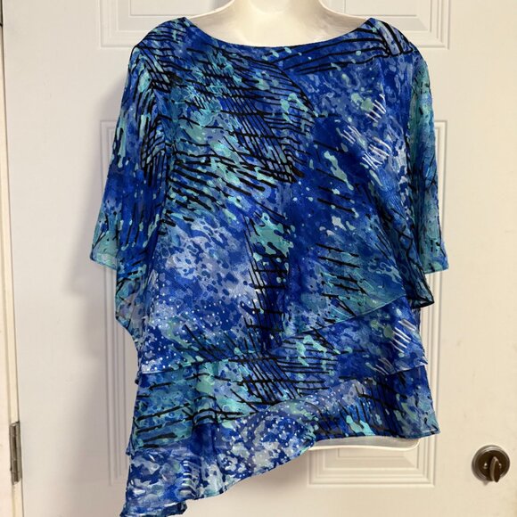 Alex Evenings Women’s Blue Abstract Poncho Blouse Top Size 2X Glam Country Club - Picture 2 of 7